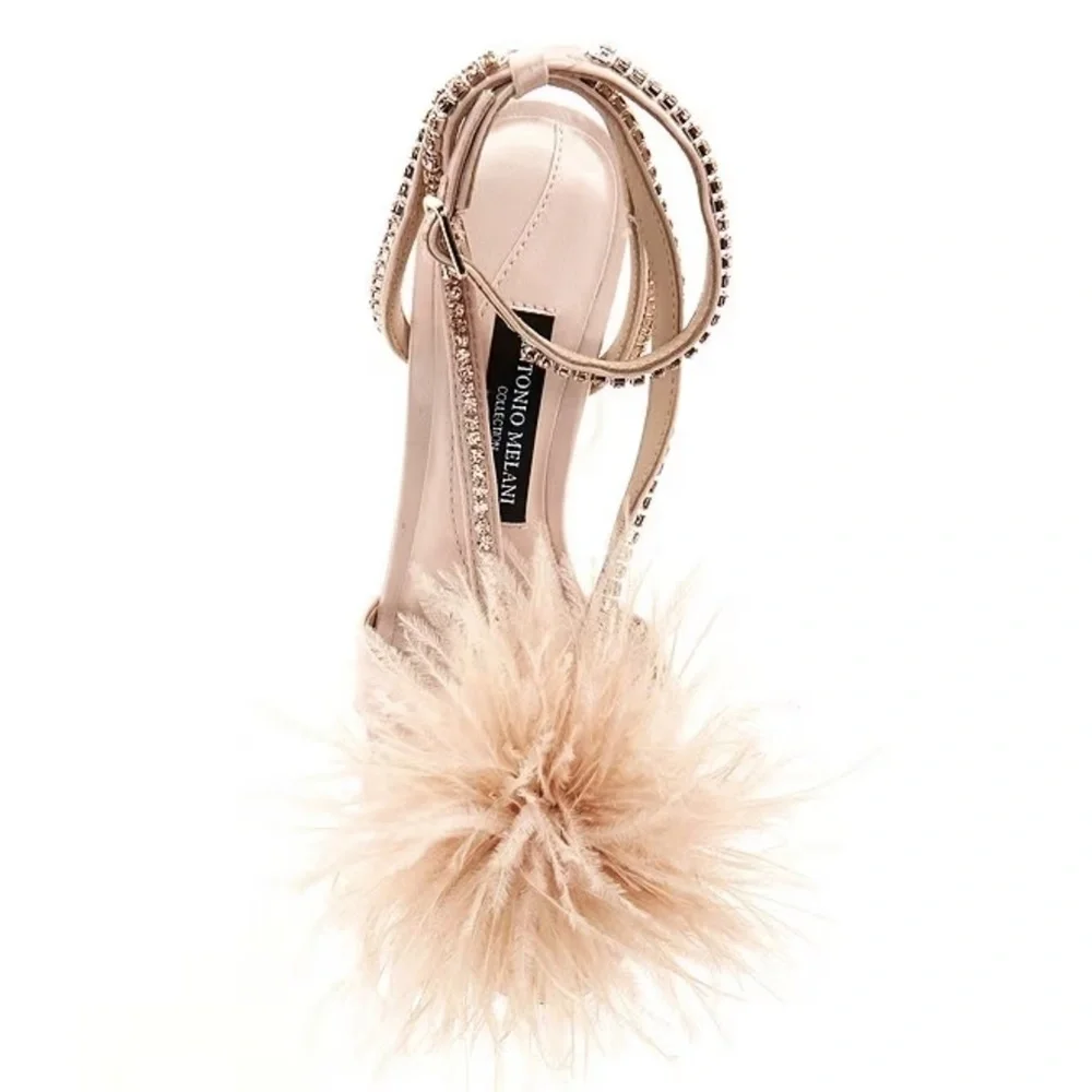 NEW Antonio Melani Collection Aurora Feathered Rhinestone Dress Sandals in Blush